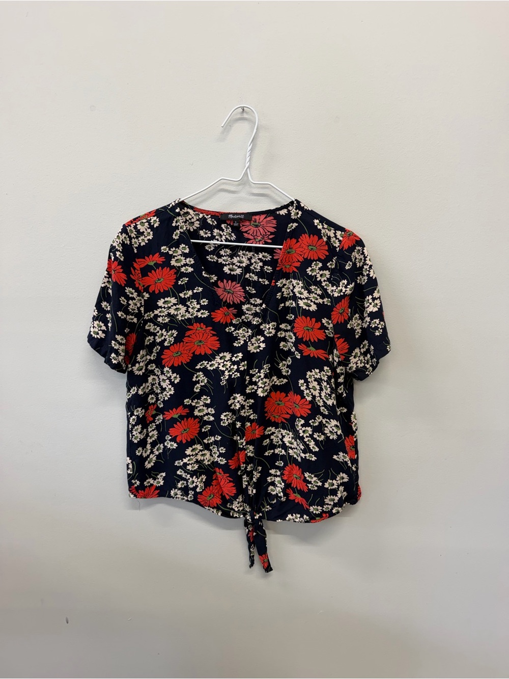 Madewell Navy Floral Tie-Front Top with Red & Cream Flowers